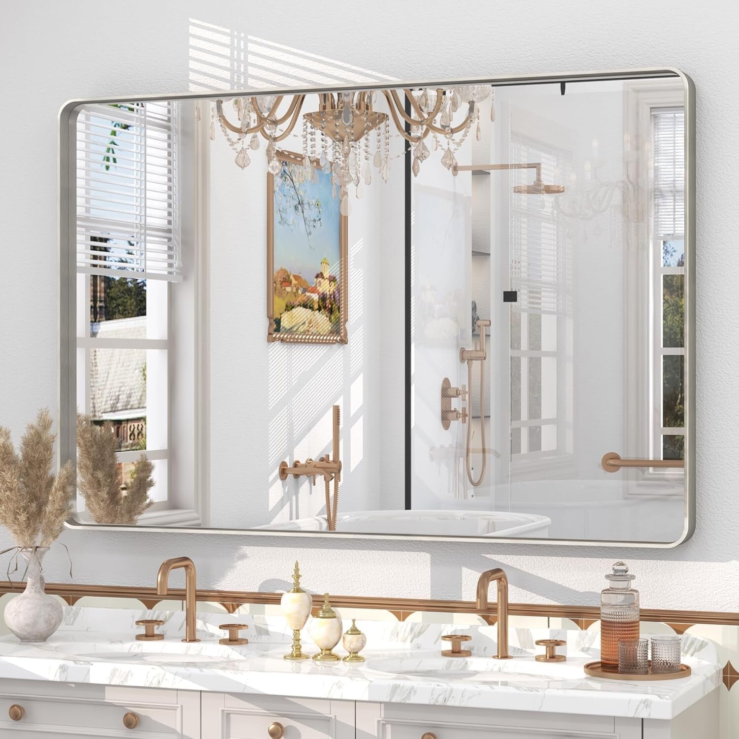 48x30 Lightweight Silver Framed Mirror - Perfect for Bathrooms & Dress Rooms