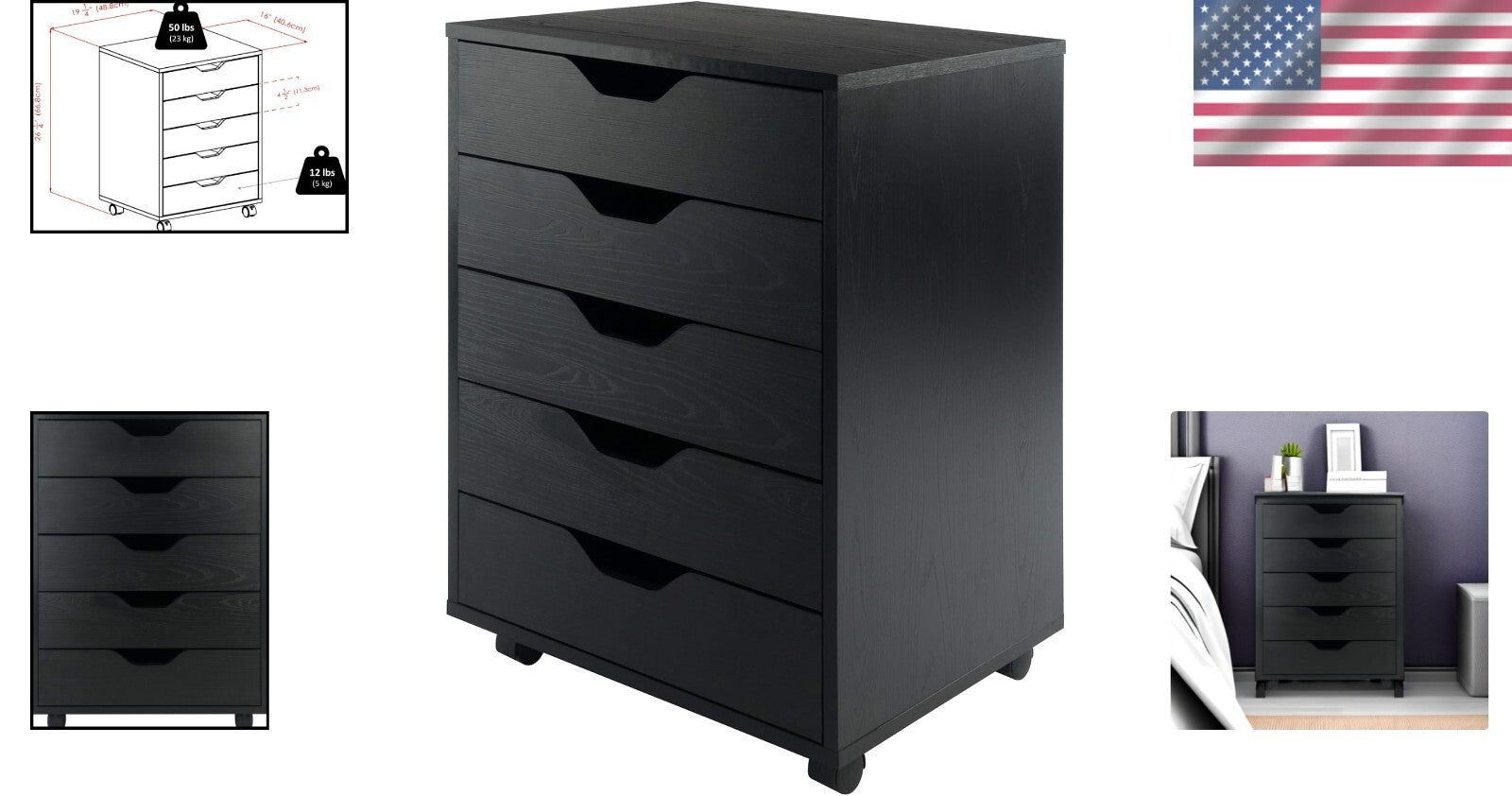 Versatile 5-Drawer Black Storage Cabinet with Locking Casters for Easy Mobility