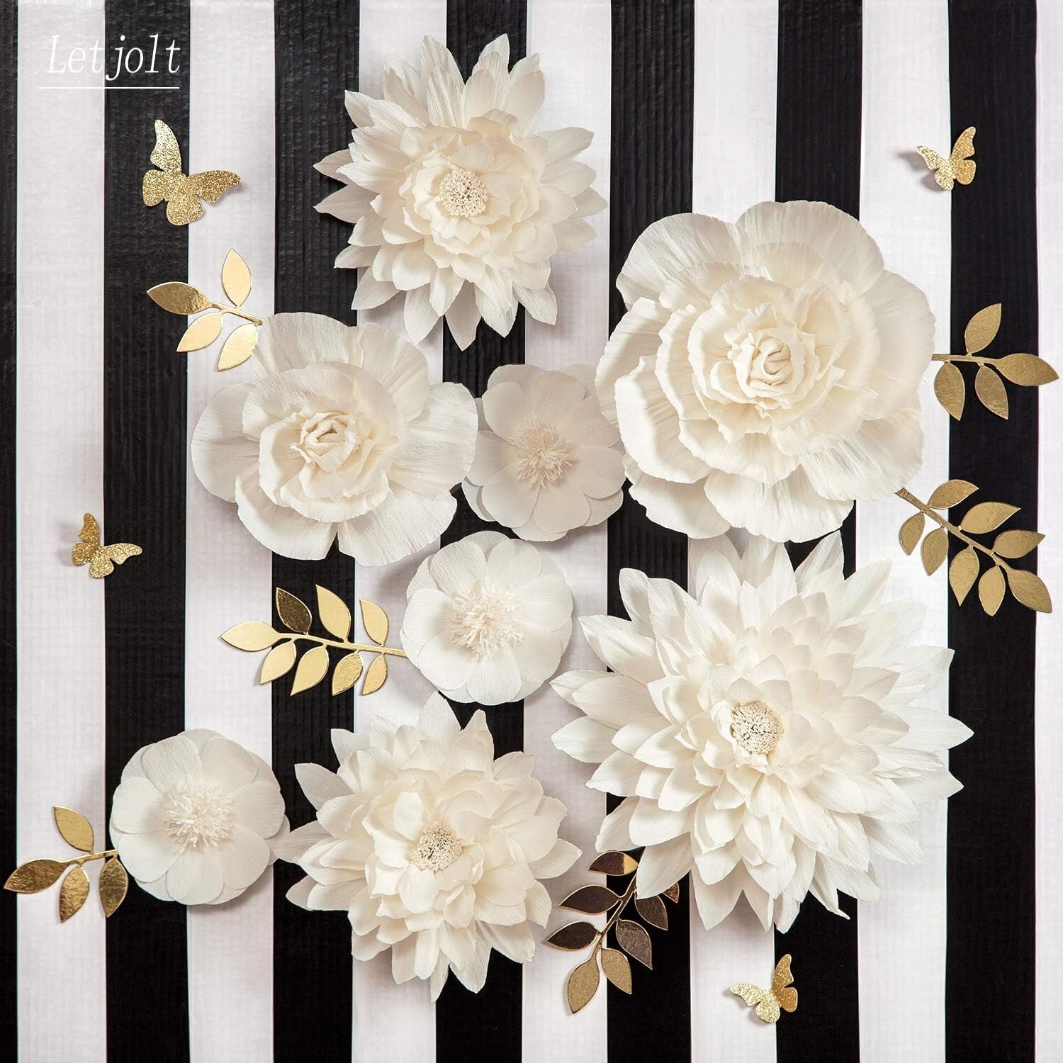 8PC White Paper Flowers with Gold Leaves & Butterflies - Perfect for Weddings