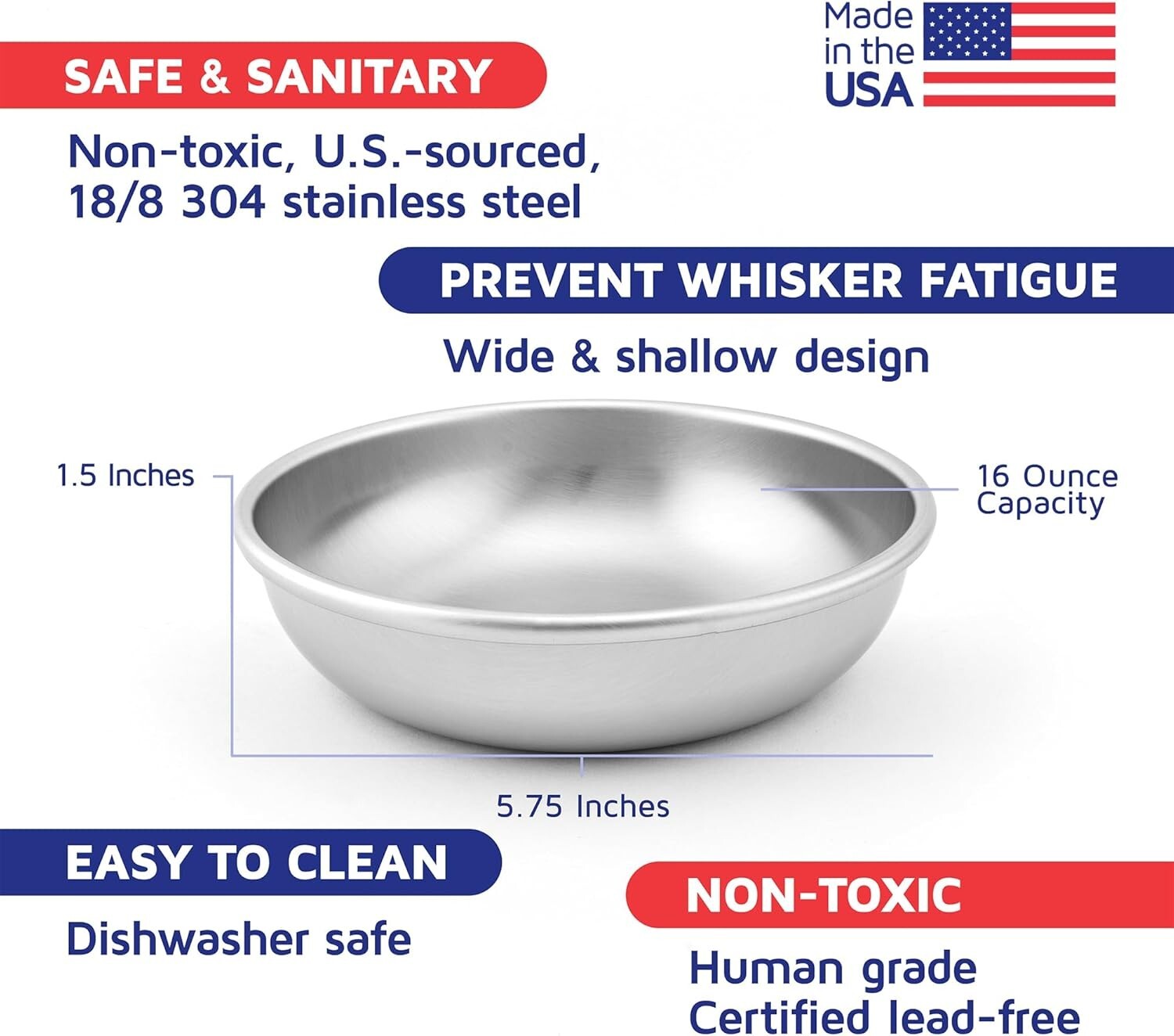 Whisker Friendly Stainless Steel Cat Bowls - 2 Durable Dishwasher Safe Dishes