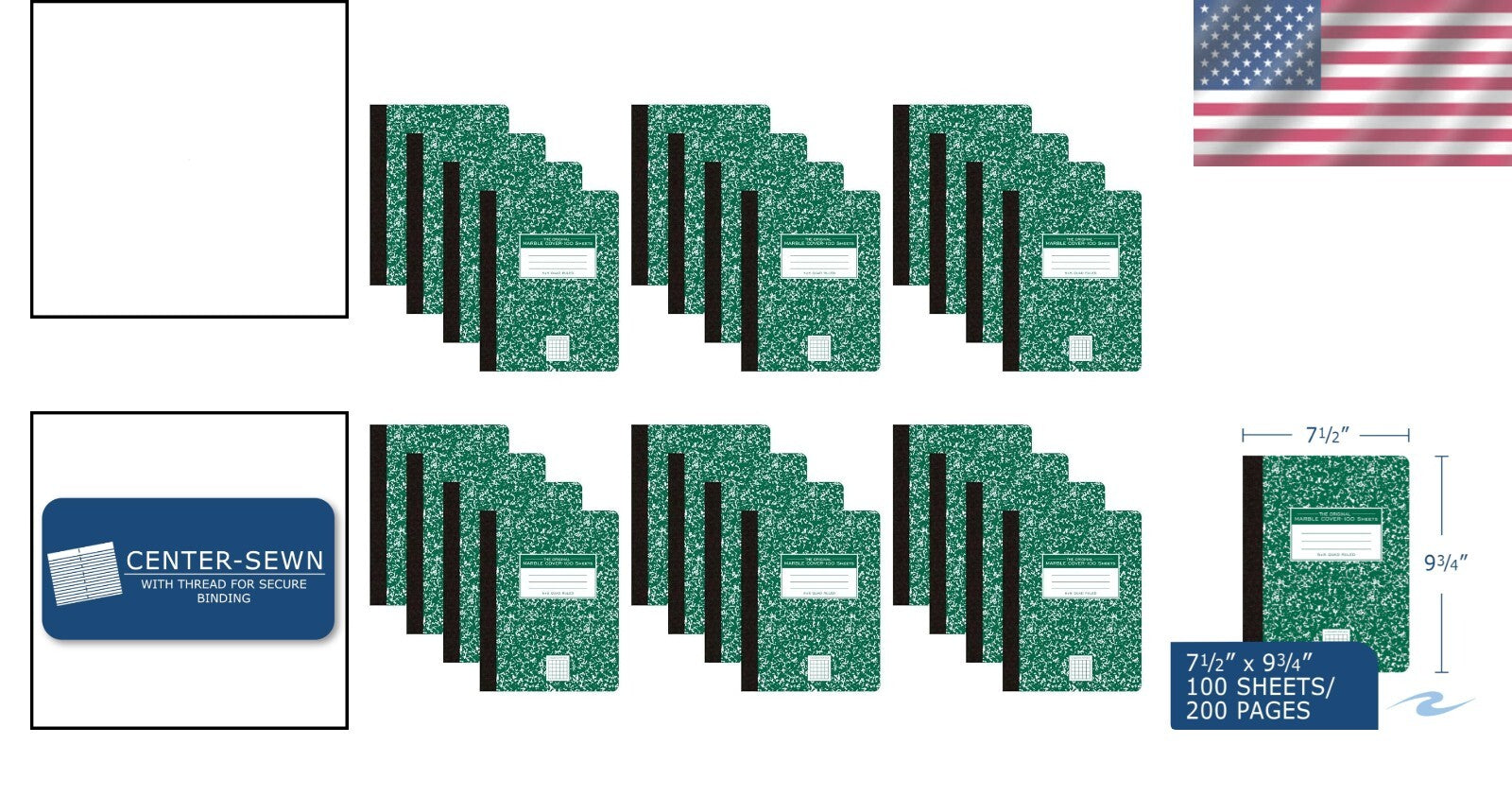 24-Pack 5x5 Graph Ruled Composition Notebooks, Durable Green Marble Cover