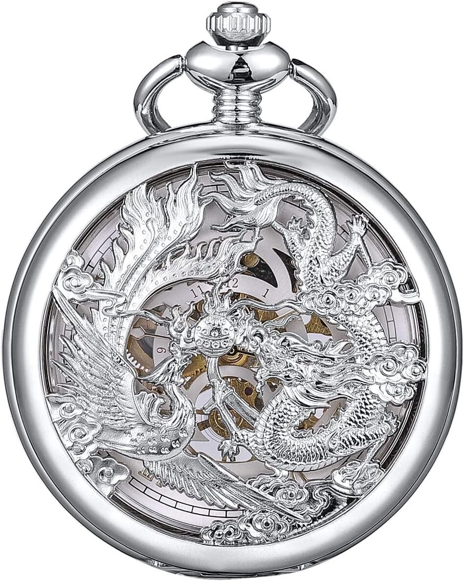 Fashionable Dragon & Phoenix Mechanical Pocket Watch - Gift-Ready with Chain