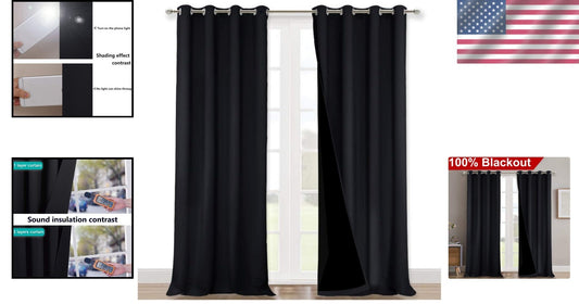 Black Lined 100% Blackout Curtains - Stylish Energy Saving Drapes, 2 Panels