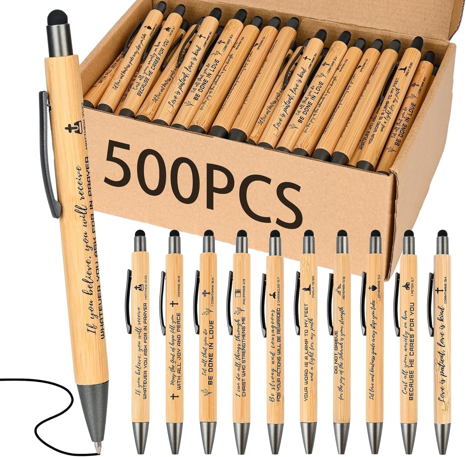 Inspirational Christian Pens with Stylus - 500 Pack for Office & School Use