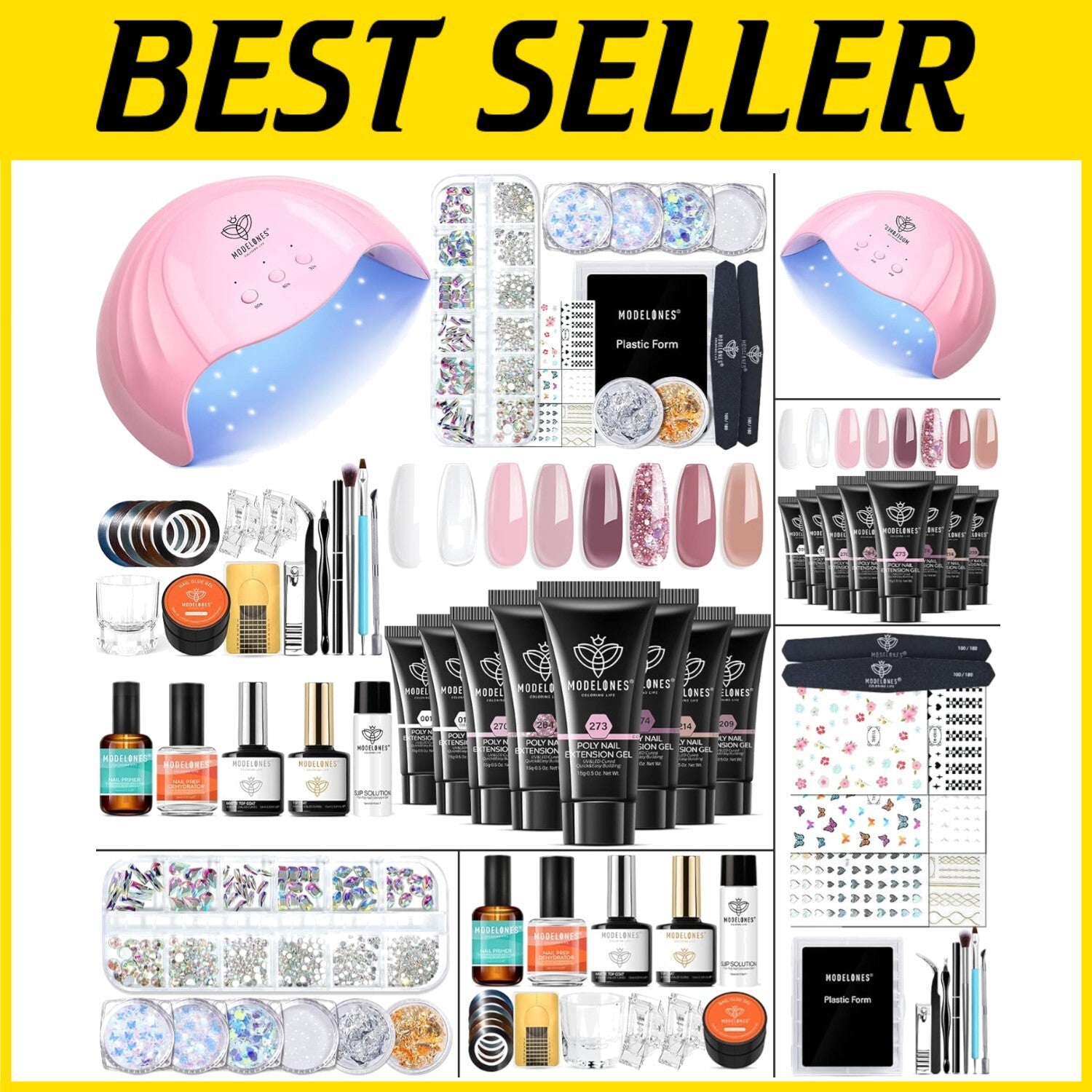 Complete 8 Rosy Pink Poly Nail Gel Kit with 48W UV/LED Lamp - Perfect Home Ma...