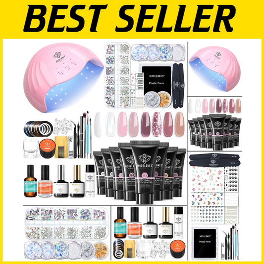 Complete 8 Rosy Pink Poly Nail Gel Kit with 48W UV/LED Lamp - Perfect Home Ma...