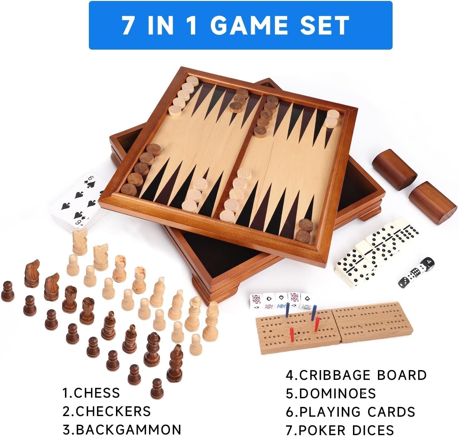 Deluxe Wooden Game Set: 7 Games in One, Includes Storage for Easy Organization