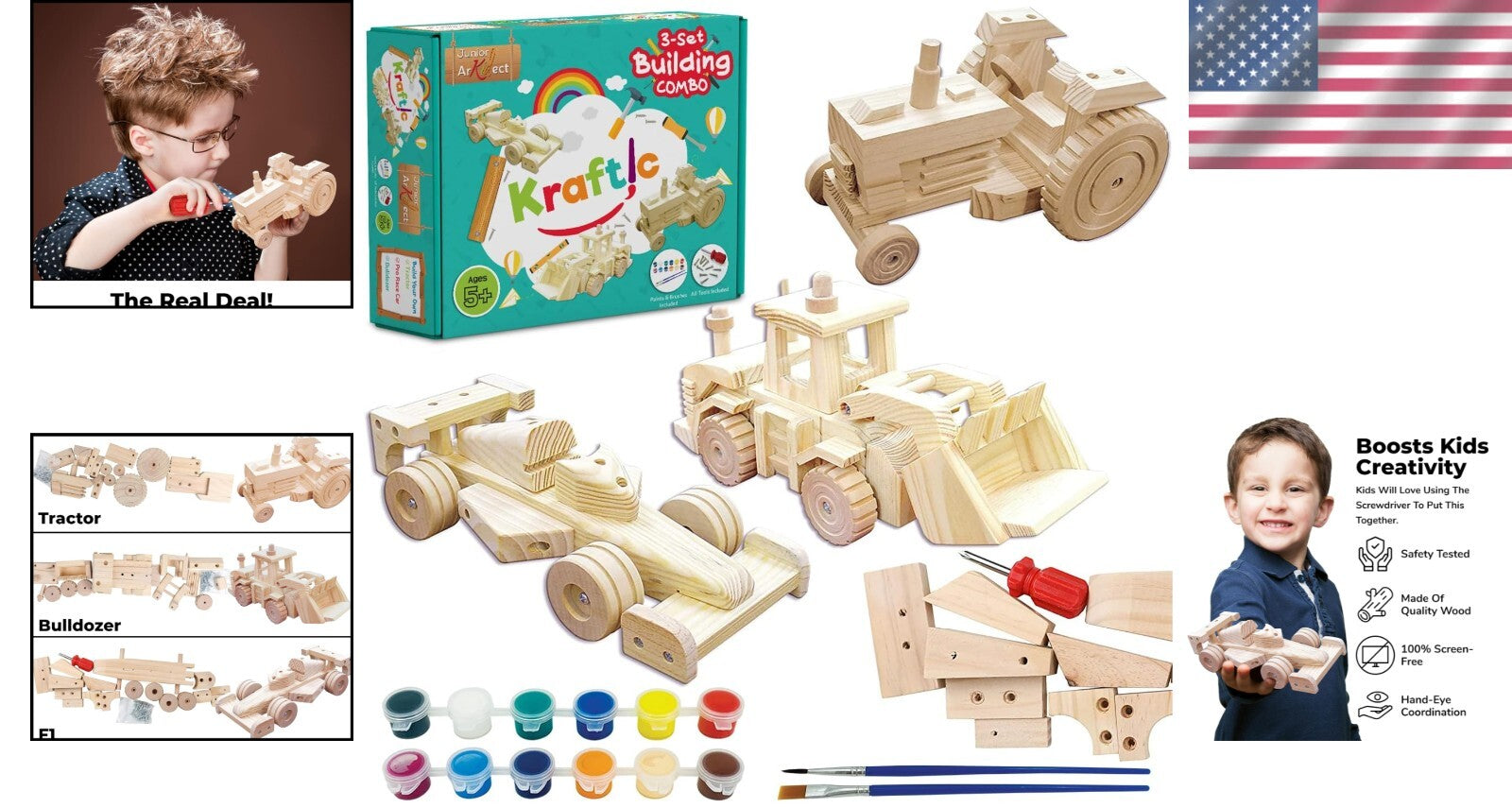 Educational Woodwork Building Kit - Tractor, Bulldozer & Racing Car Projects