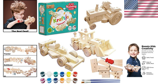 Educational Woodwork Building Kit - Tractor, Bulldozer & Racing Car Projects