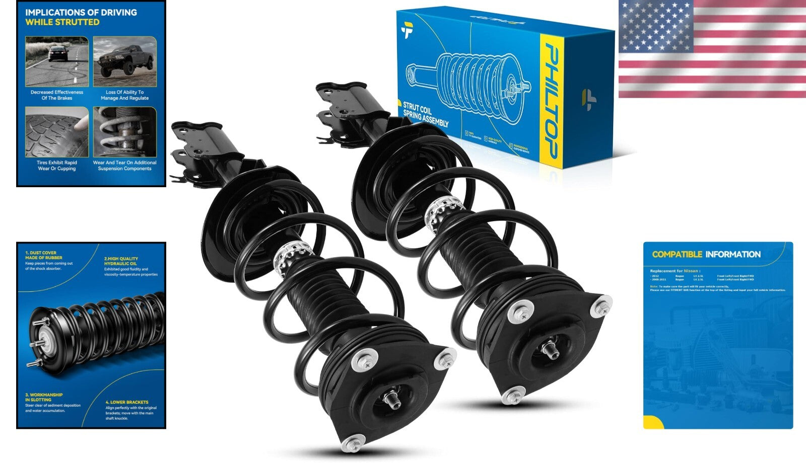 2-Piece Front Struts with Coil Spring for Rogue 2008-2012 - Metal Quality Design