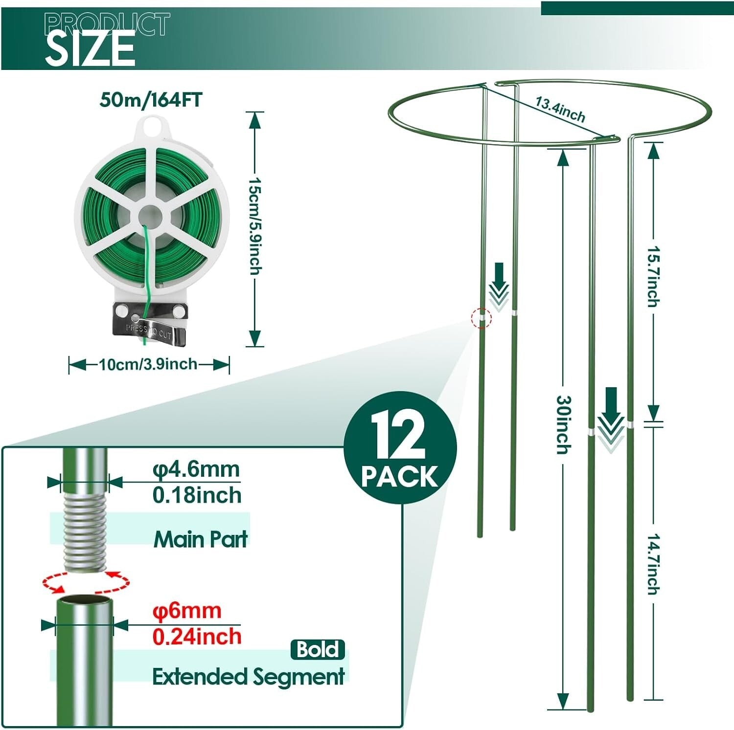 Durable Green Iron Plant Support Stakes - 30-Inch Set of 12 for Garden Use