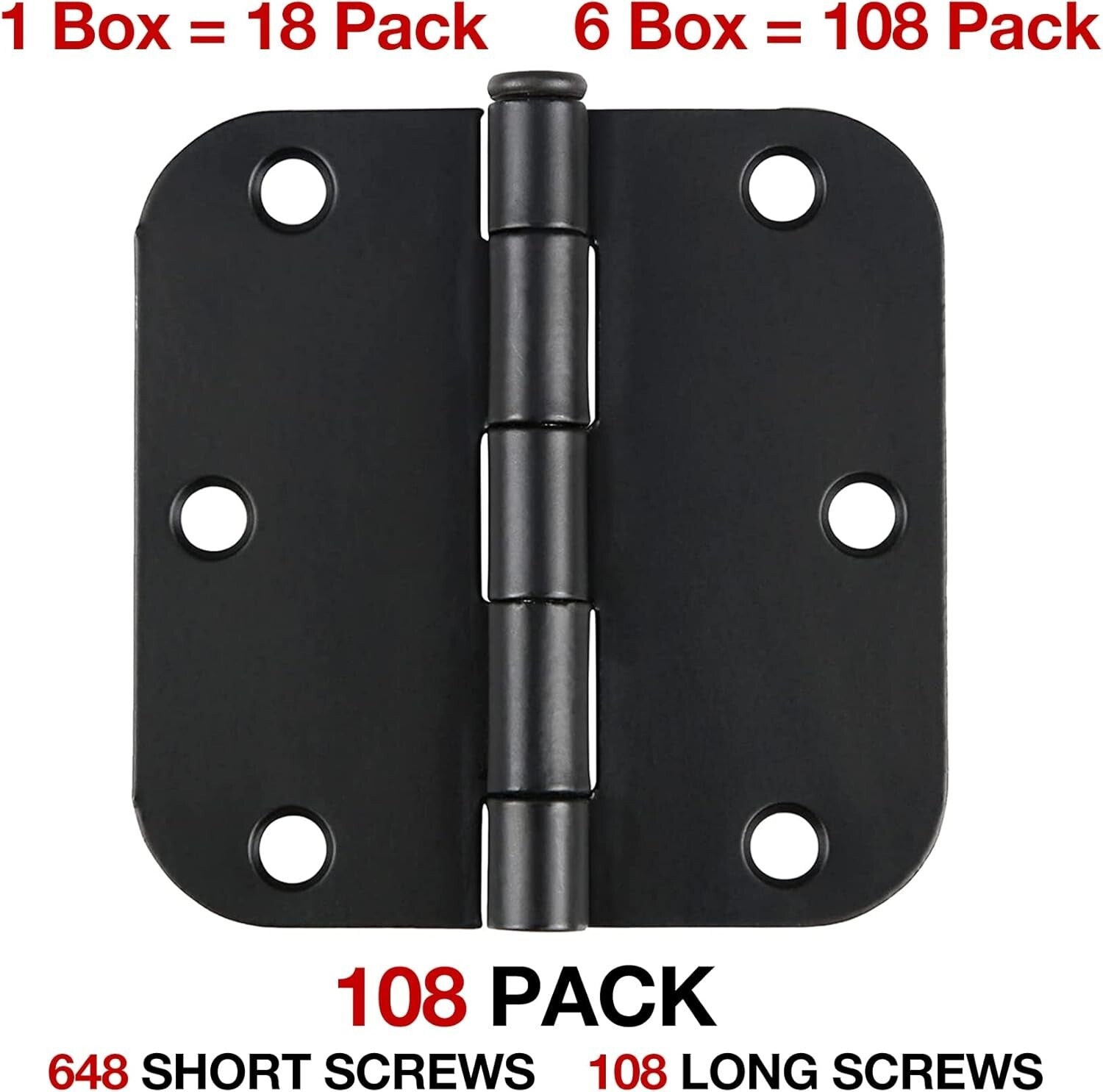Elegant Rounded Matte Black Door Hinges 3.5'' - 108 Pack for Modern Homes