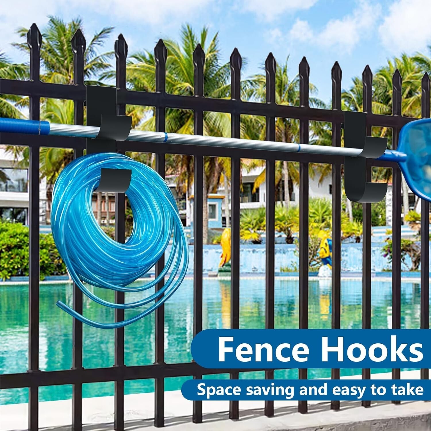 4-Piece Heavy-Duty Pool Fence Hooks - Slip-On Black Hangers for Outdoor Storage