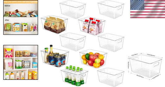 10-Pack Clear Plastic Storage Bins with Handles - Pantry & Kitchen Organizer