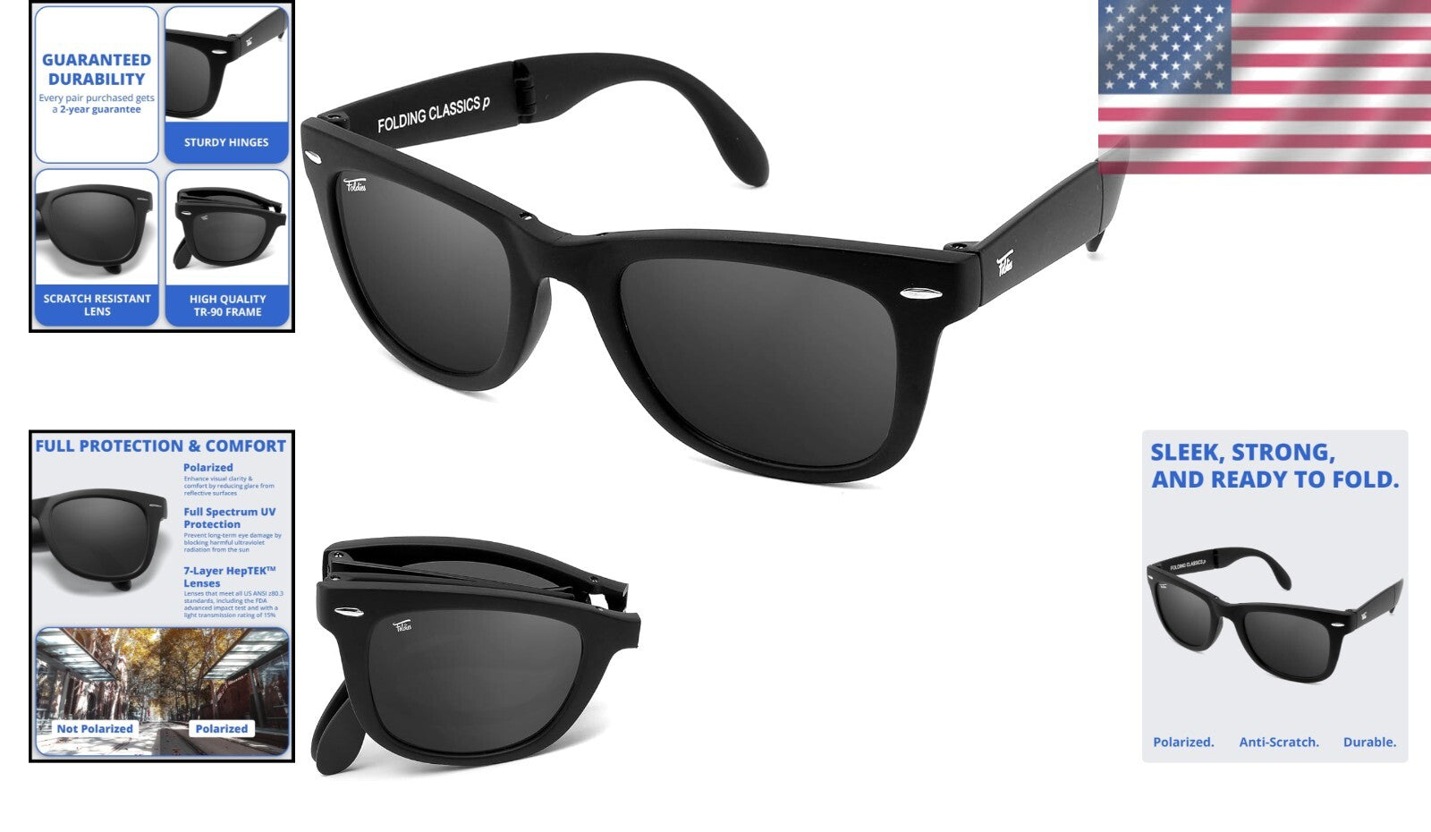 Classic Polarized Folding Sunglasses for Men & Women - UV400 Protection Included