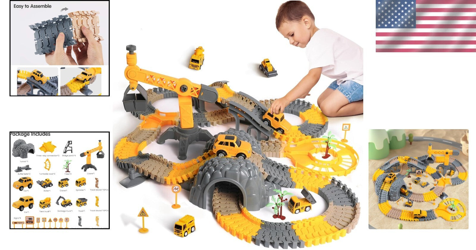 Flexible Race Track Set with Construction Vehicles - Safe for Kids 3-6 Years