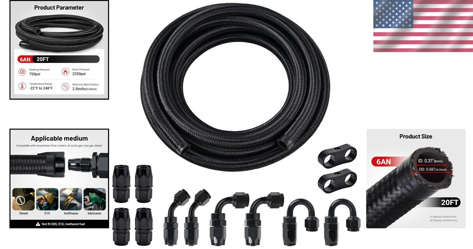 6AN Fuel Hose Kit - 20FT Nylon Braided Line with 10 Swivel Ends & Clamps - Black