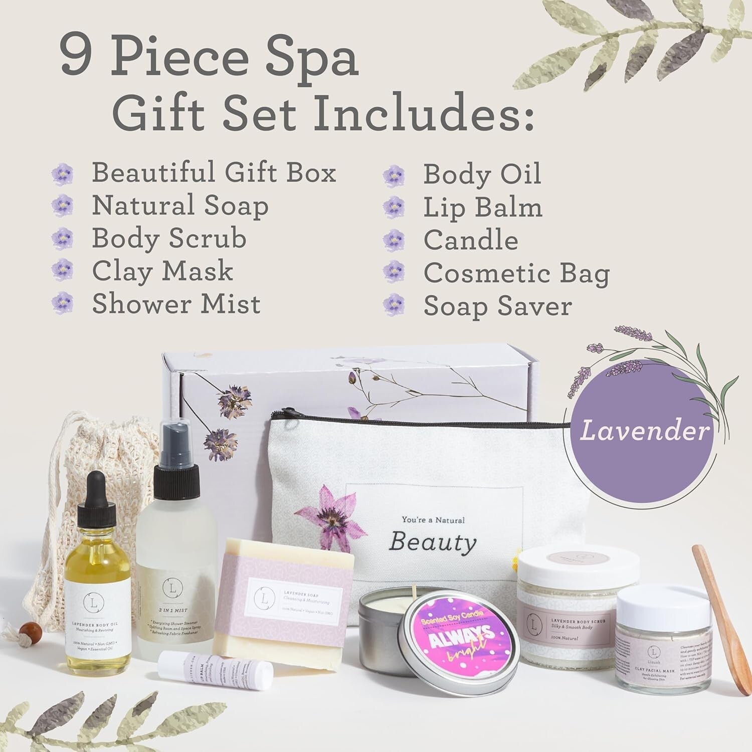 Handmade Lavender Spa Gift Basket - Indulgent 9-Piece Collection for Women
