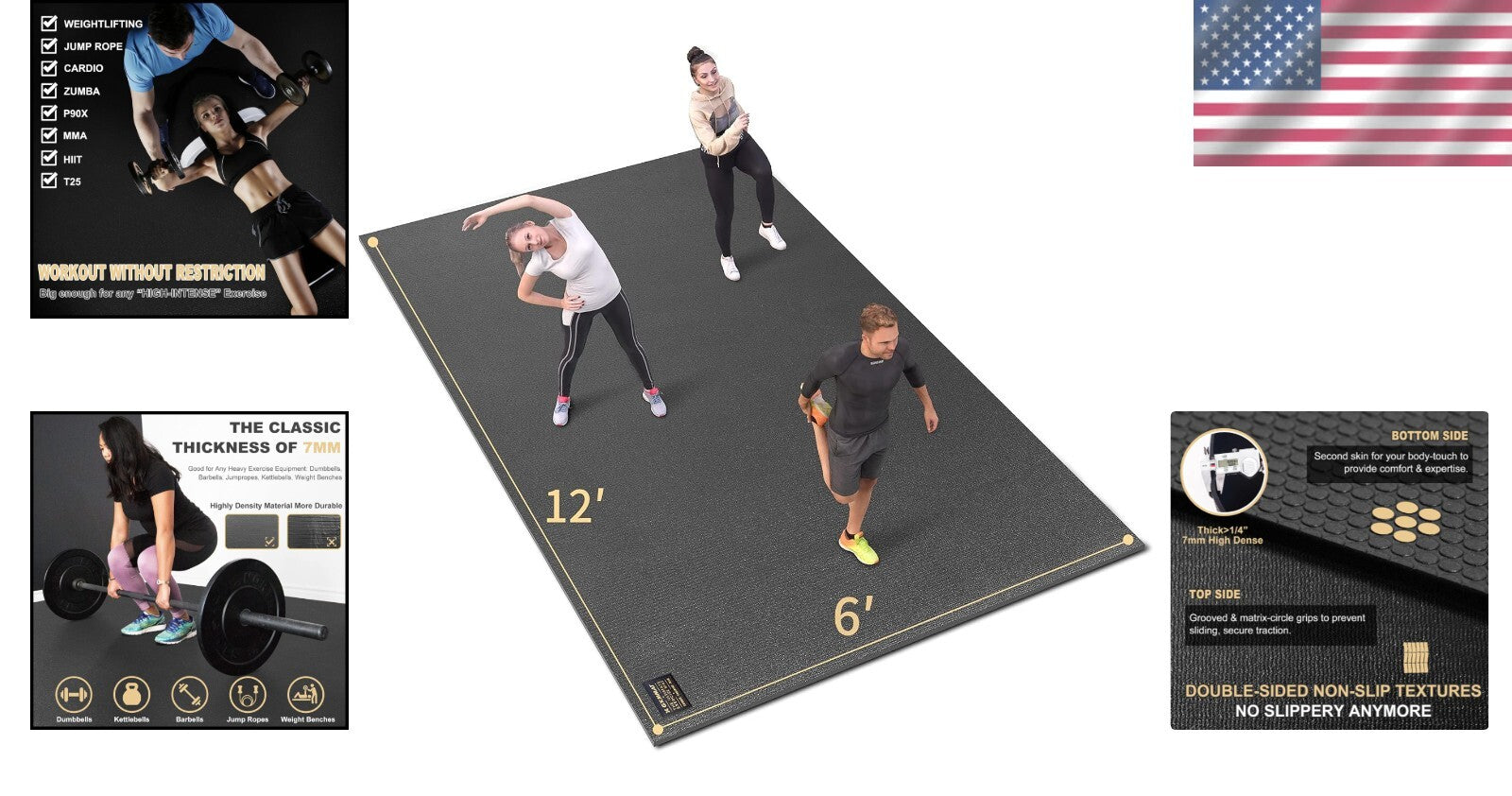 7mm Thick High-Density Workout Mat 16'x6' - Double-Sided for Ultimate Grip