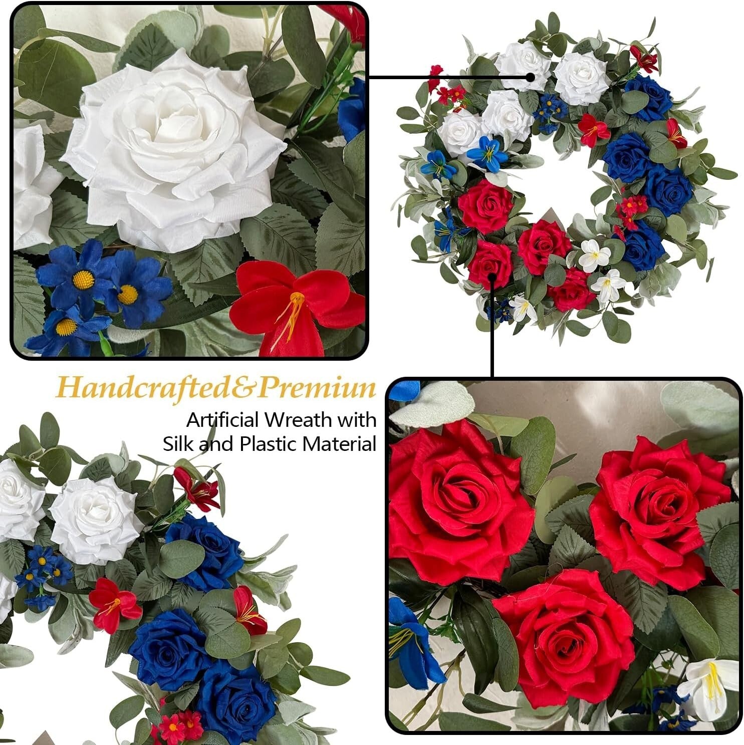 Vibrant 24-Inch Red White Blue Rose Wreath - Perfect for Independence Day