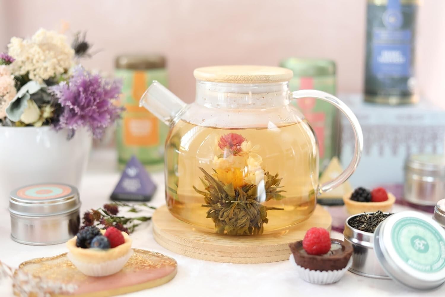 Elegant 40oz Borosilicate Glass Teapot with Bamboo Lid & Blooming Tea Gift Set