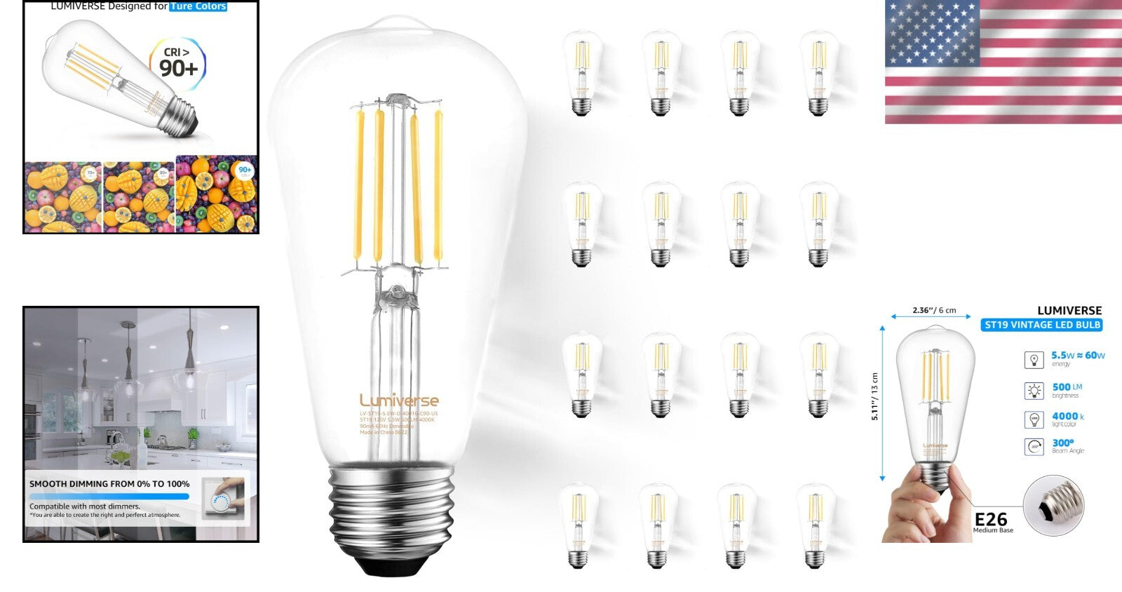 16 Pack Dimmable LED Edison Bulbs - 5.5W Cool White E26 Base for Elegant Spaces