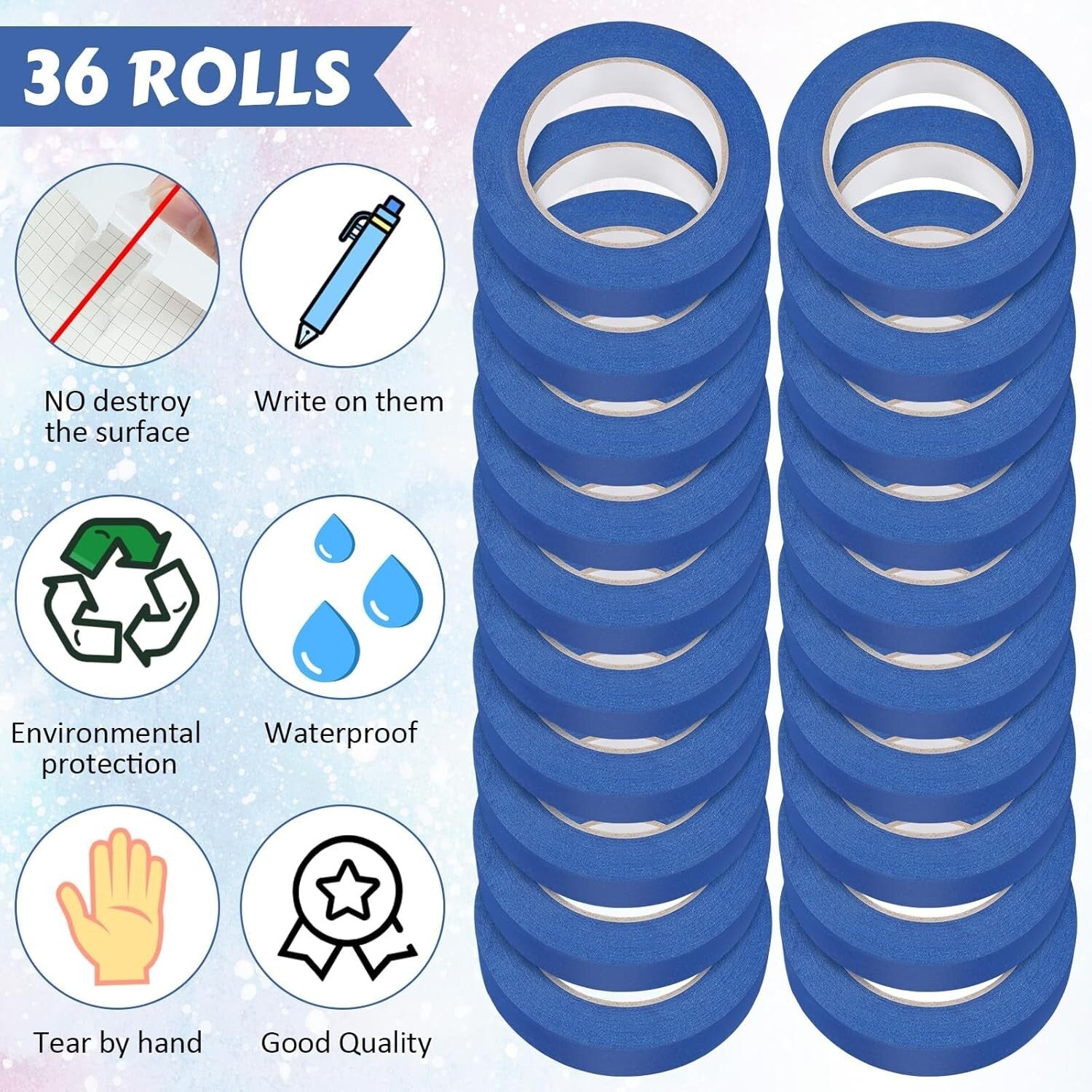 Multi-Surface 36 Roll Blue Painters Tape - 2-Inch Wide, Long Lasting & Reliable
