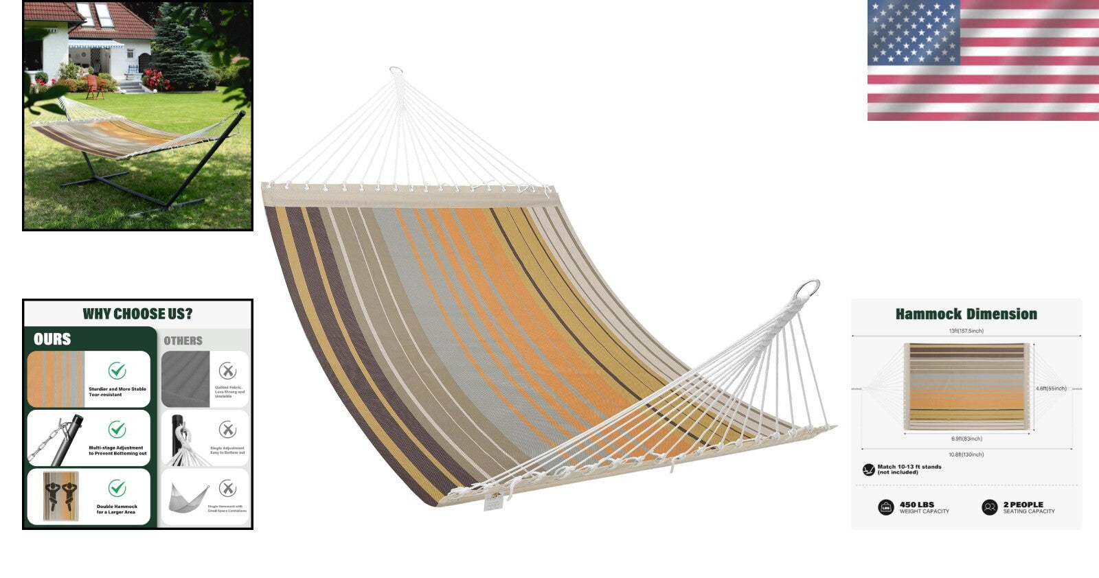 Double Hammock with Concealed Support Bar – 450 lbs Capacity, Quick Dry Fabric