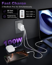 Load image into Gallery viewer, 3-Port USB C Fast Charging Adapter - 100W GaN Charger with 6.6ft Cables Included