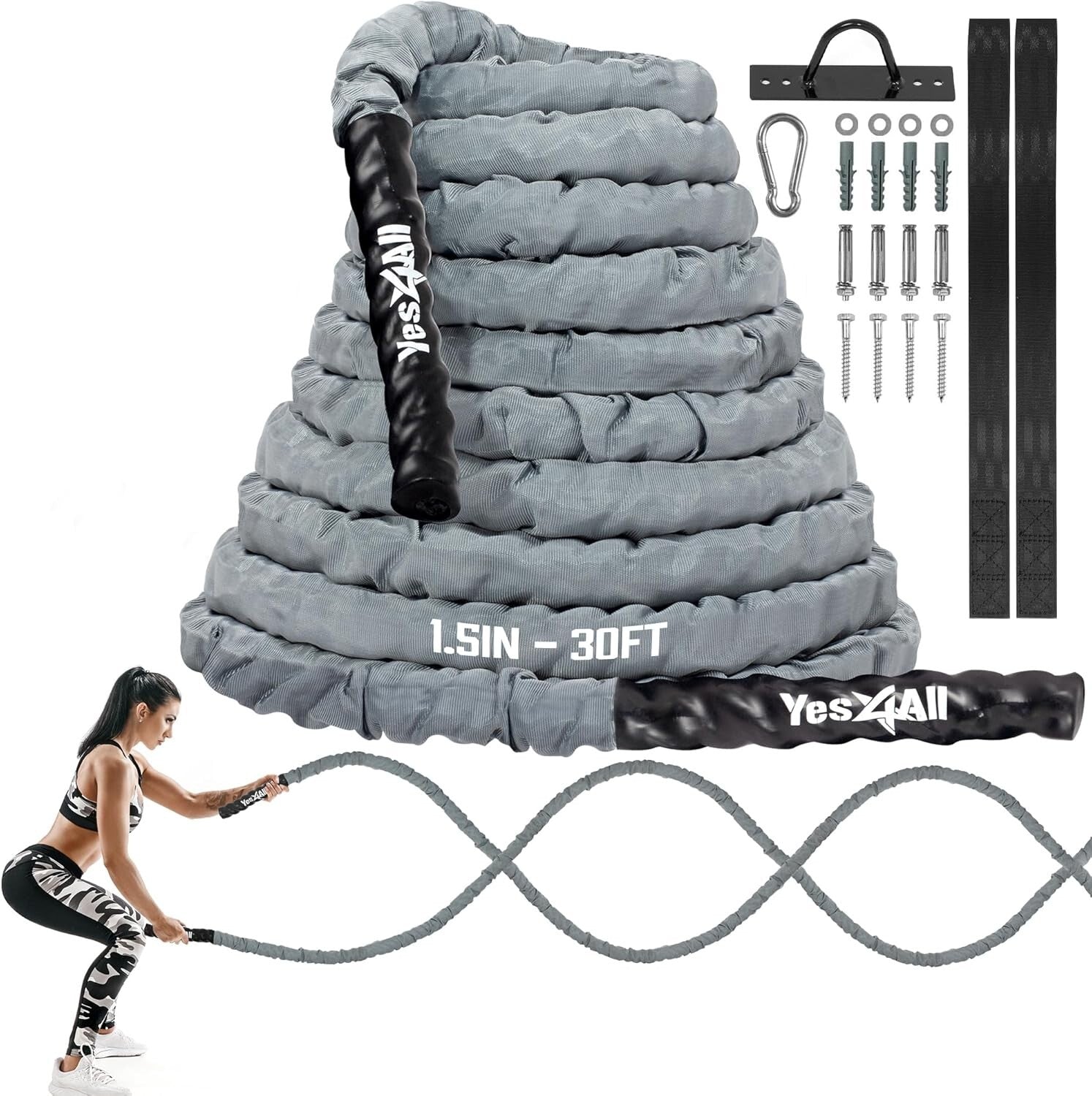 Comprehensive Exercise Battle Ropes - Steel Anchor Included, All Fitness Levels