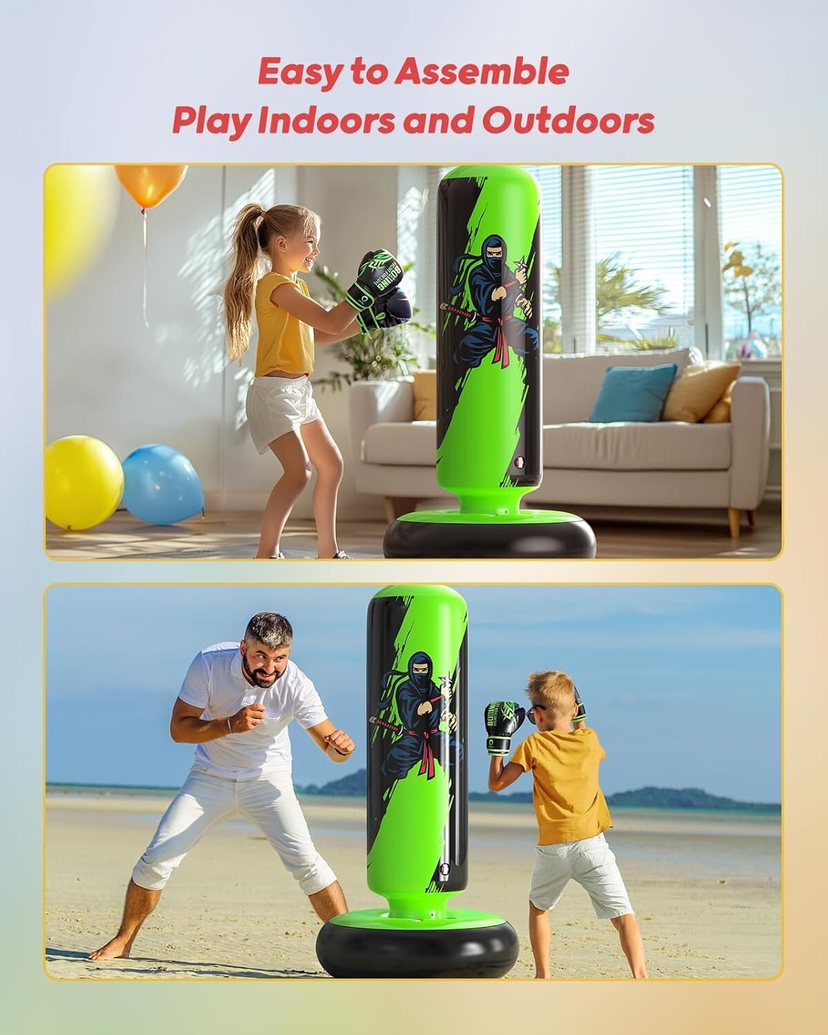 Kids Inflatable Punching Bag - Durable 66-Inch Boxing Set with Gloves & Pump