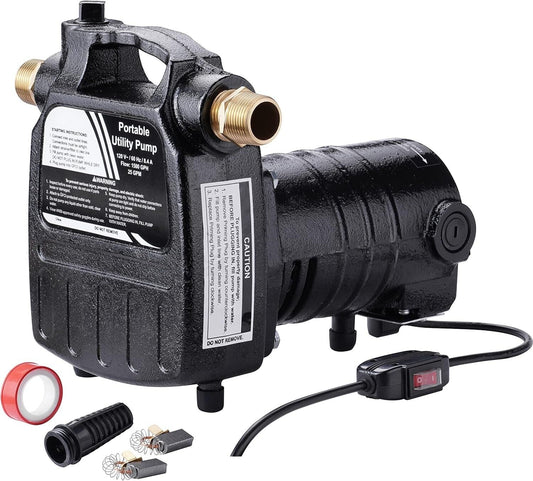 Portable 115V Utility Pump with ON/OFF Switch and Brass Connectors, 120ft Lift
