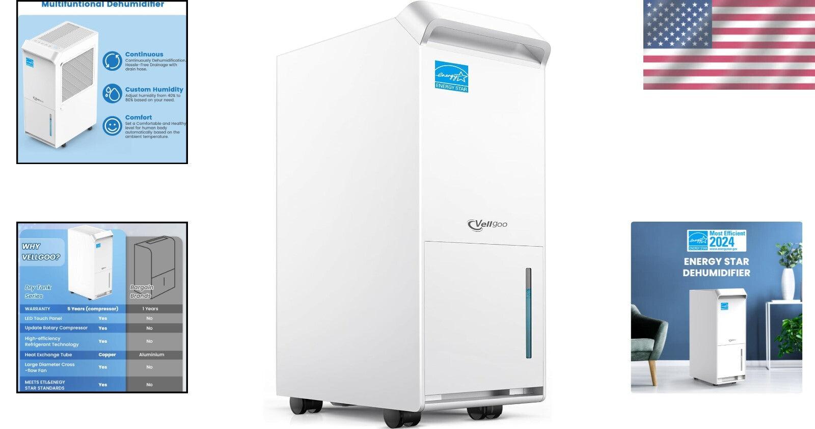 Energy Star 2024 Dehumidifier 52 Pints for 4500 Sq.Ft Spaces - Drain Hose Inc...