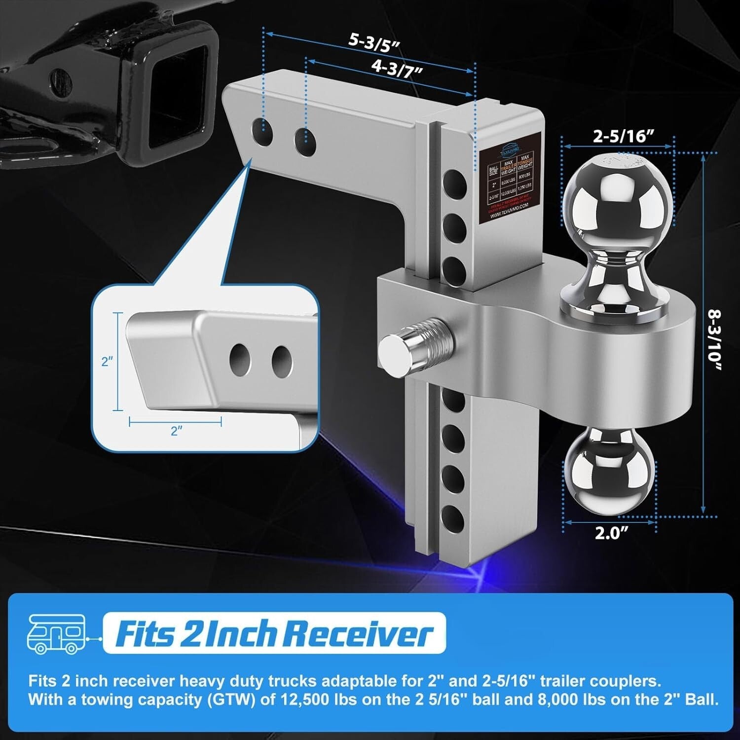 Versatile Adjustable Drop Hitch for 2" Receivers - Towing Capacity 12,500 lbs