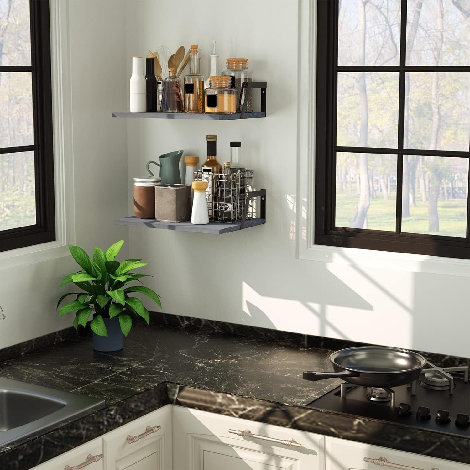 Rustic Floating Shelves Set of 2 - Weathered Gray Wood with Large Capacity