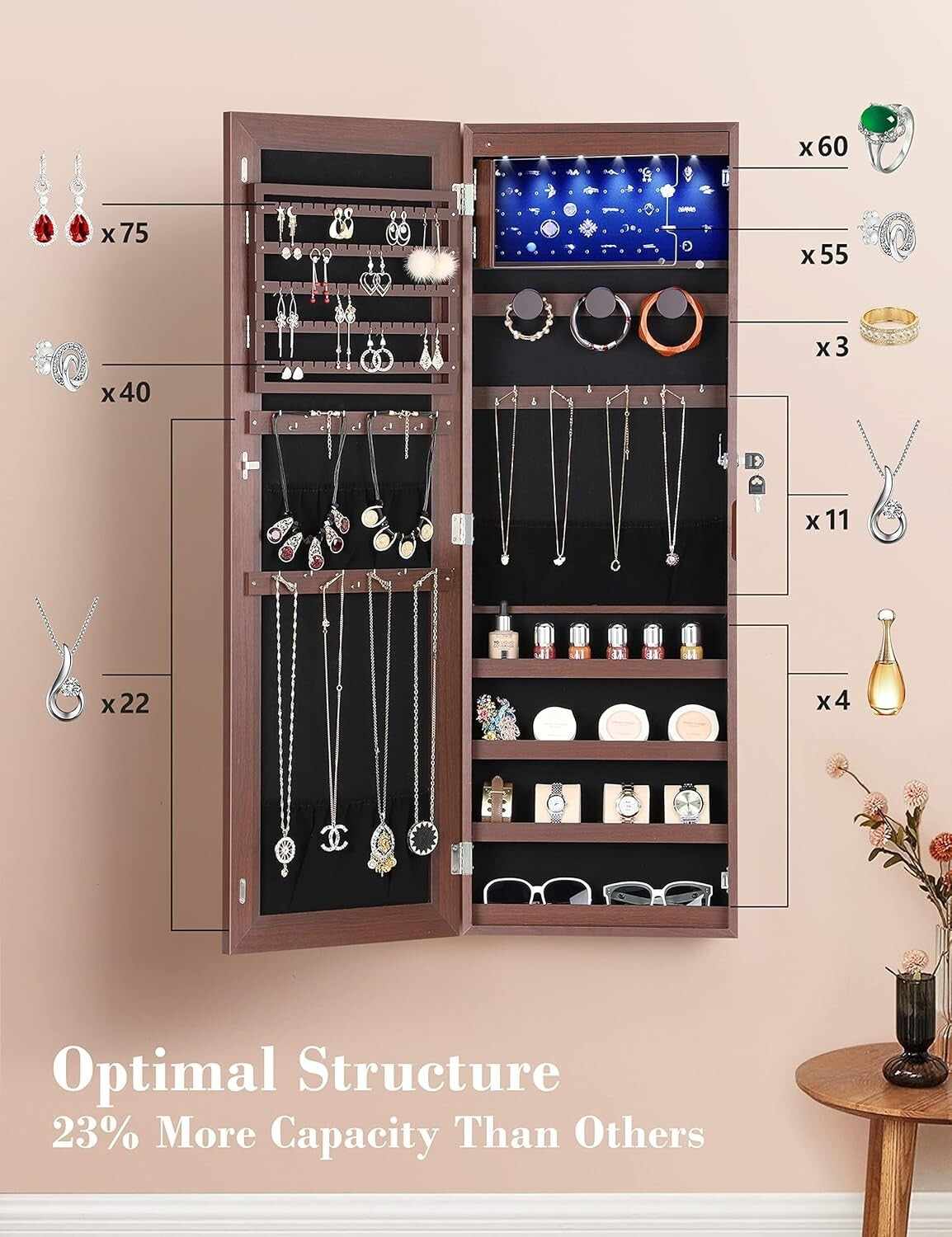 Stylish Brown LED Jewelry Organizer with Velvet Pockets - Perfect Christmas Gift