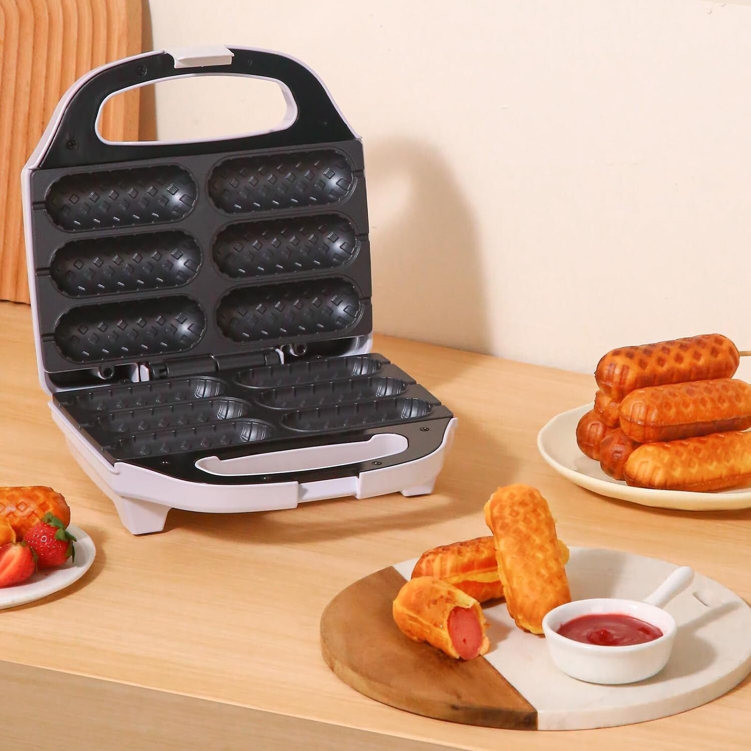 Non-Stick Hot Dog Waffle Machine with Temperature Control - White Design