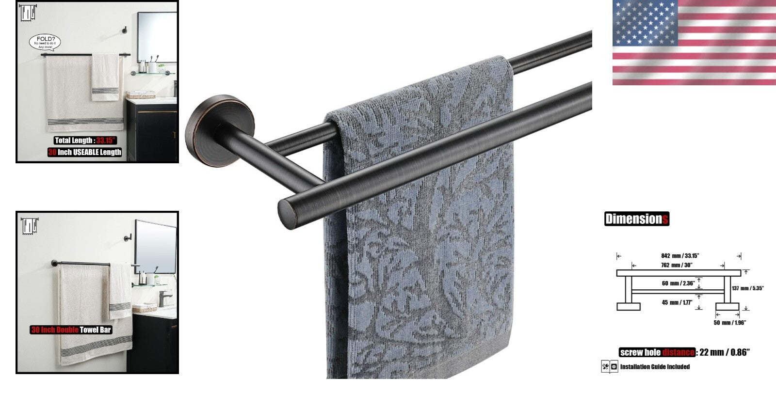 Durable Oil Rubbed Bronze Towel Rack - 30 Inch Double Bar for Bath Organization