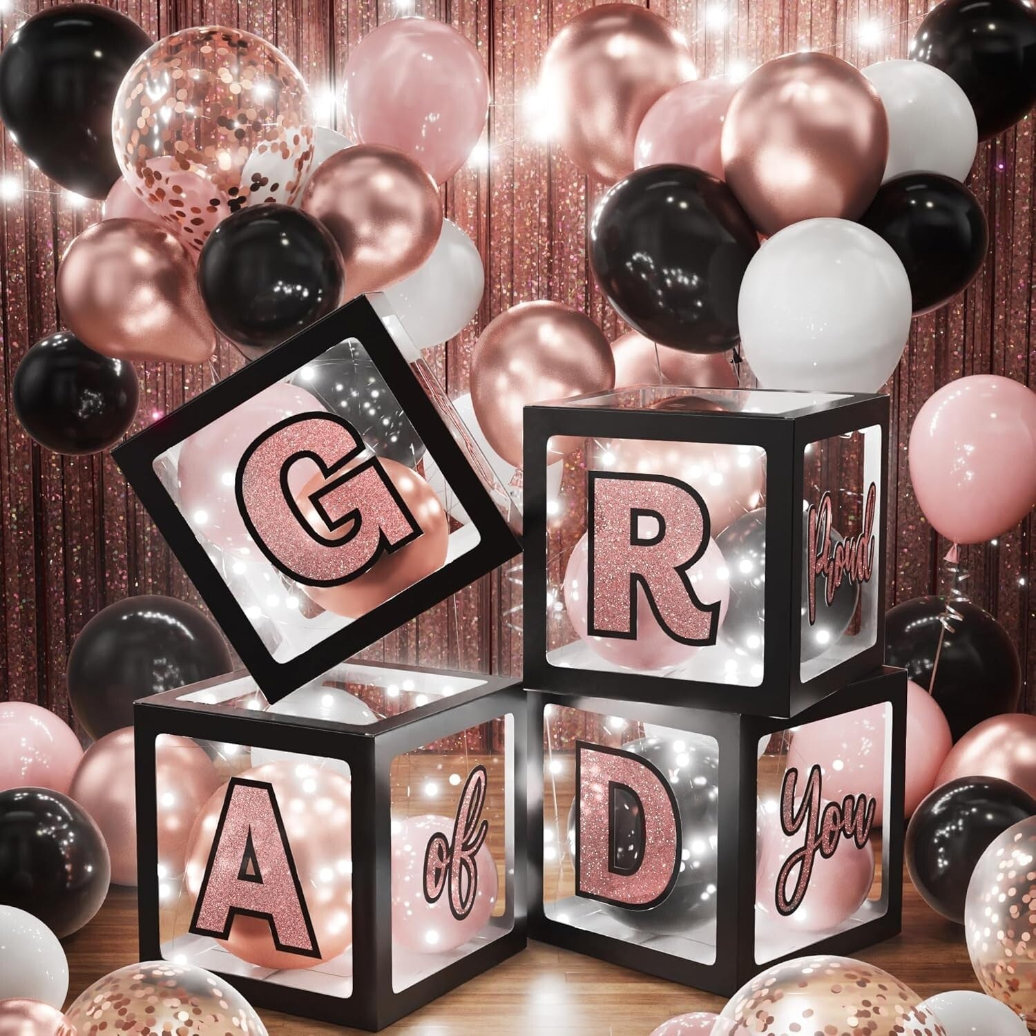 Class of 2025 Black Pink Graduation Decor Set - 86Pcs with LED Lights & Balloons