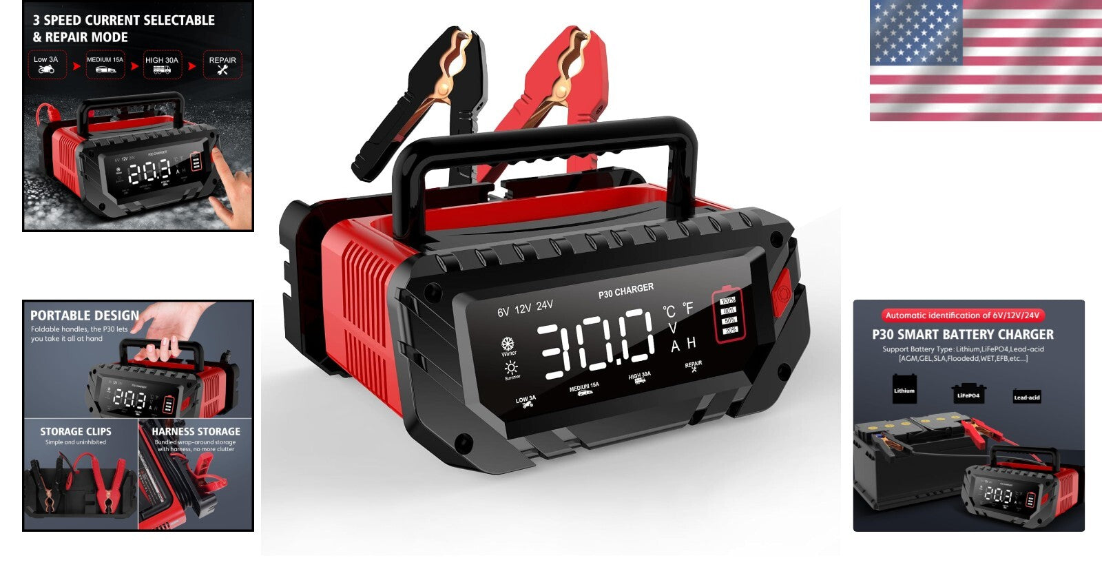 30 Amp Smart Lithium Battery Charger for 6V/12V/24V Vehicles – Portable & Safe