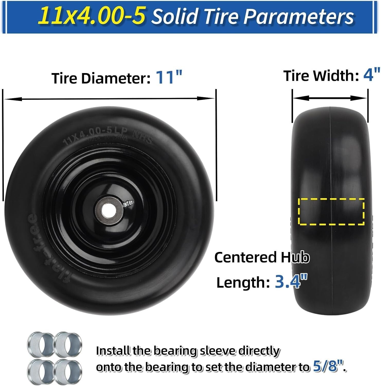 All-Season Flat Free Lawn Mower Tire Wheel with Adjustable Bushings, 2 Pack