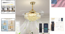 Load image into Gallery viewer, Modern Gold Crystal Ceiling Fan with Dimmable LED Lights, 42" Retractable Design