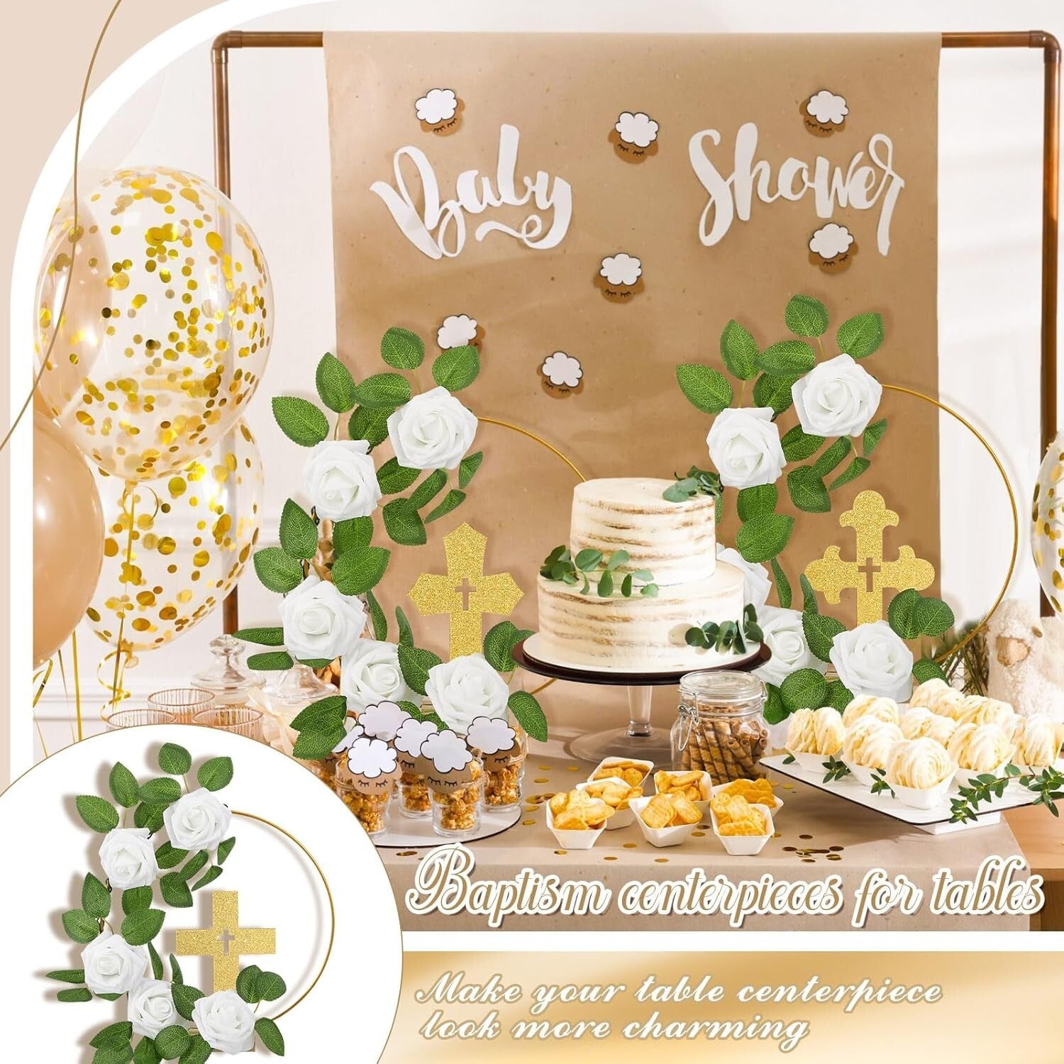 48 Pcs Gold & White Baptism Centerpieces: Wood Crosses, Floral Hoops & Roses
