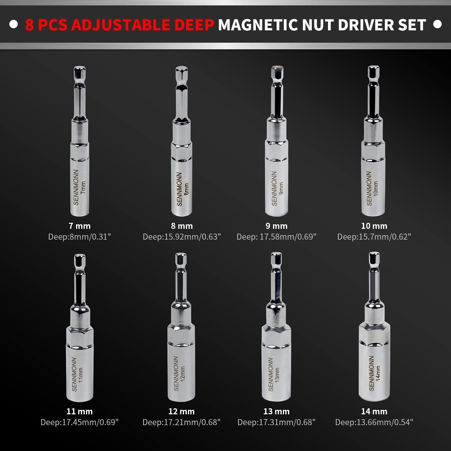 8 PCS Adjustable Deep Magnetic Nut Driver Set for Impact Drill - Metric Sizes