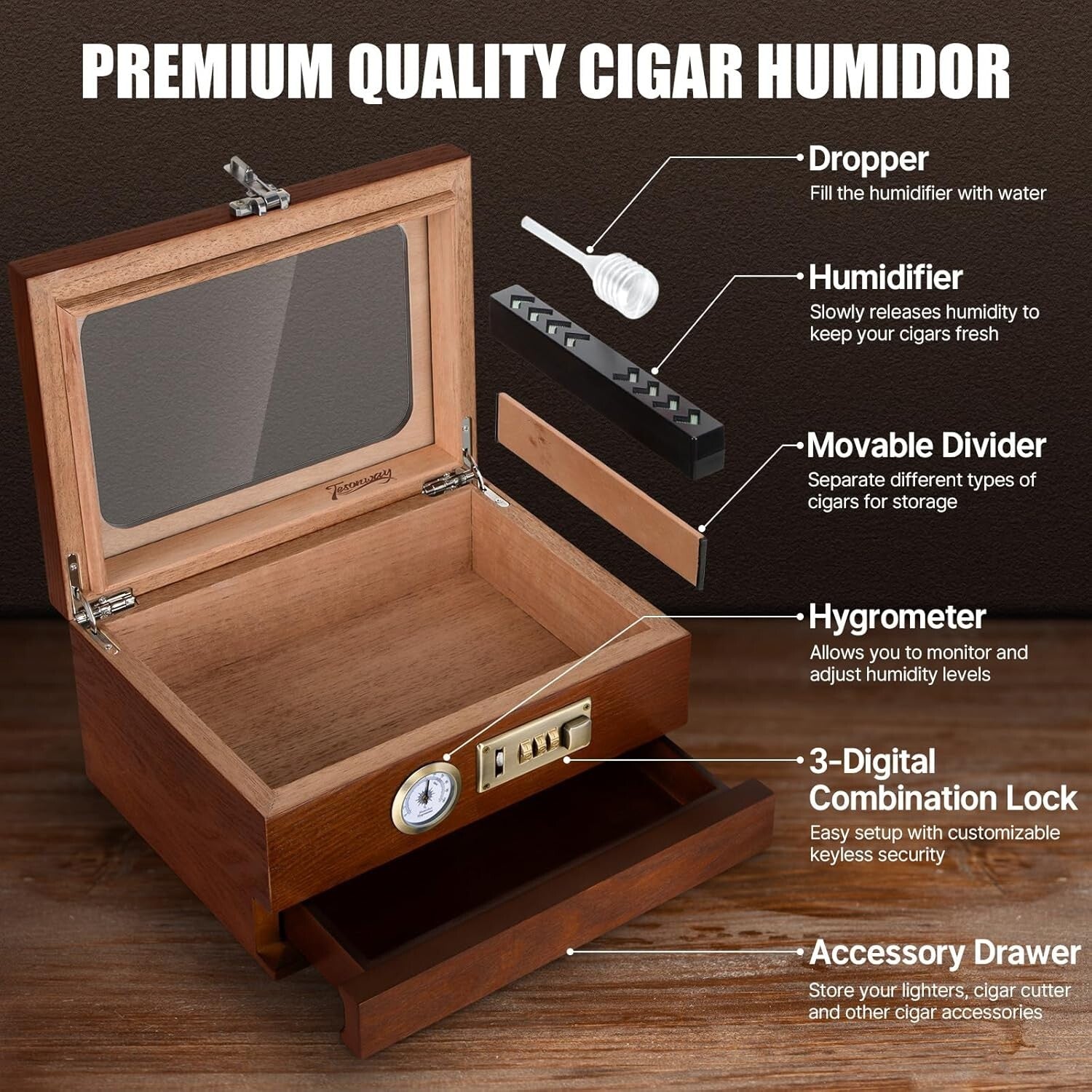 Stylish Desktop Cigar Box with Humidification & Security Features - Perfect Gift