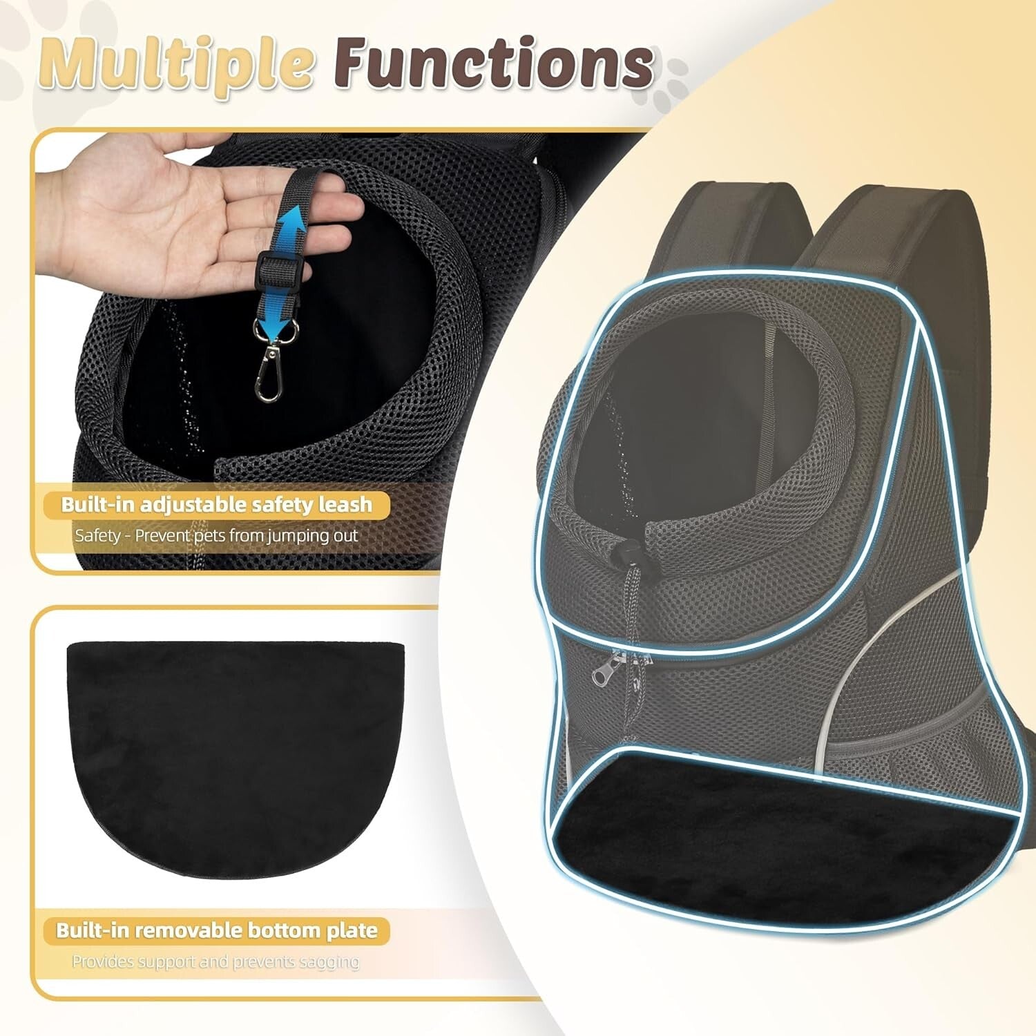 Ergonomic Dog Carrier Backpack with Safety Belt, Multi-Pocket Design for Travel