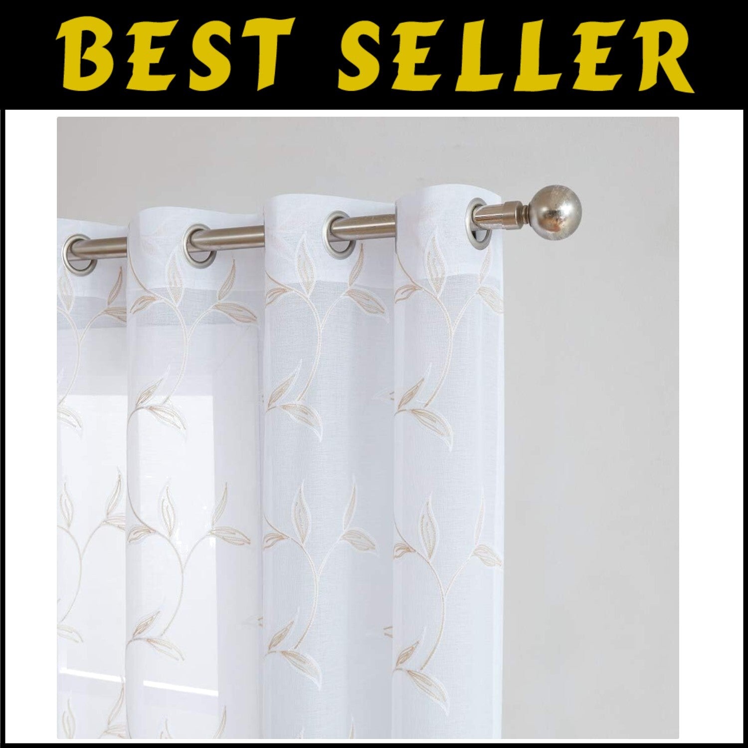 Elegant Sheer White Faux-Linen Curtains with Leaf Embroidery, 54" x 84"