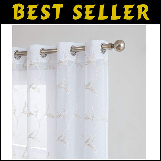 Elegant Sheer White Faux-Linen Curtains with Leaf Embroidery, 54" x 84"