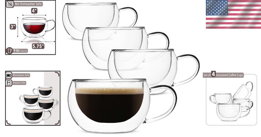 Borosilicate Double Wall Coffee Mugs - 9 oz Modern Design for Hot or Cold Drinks