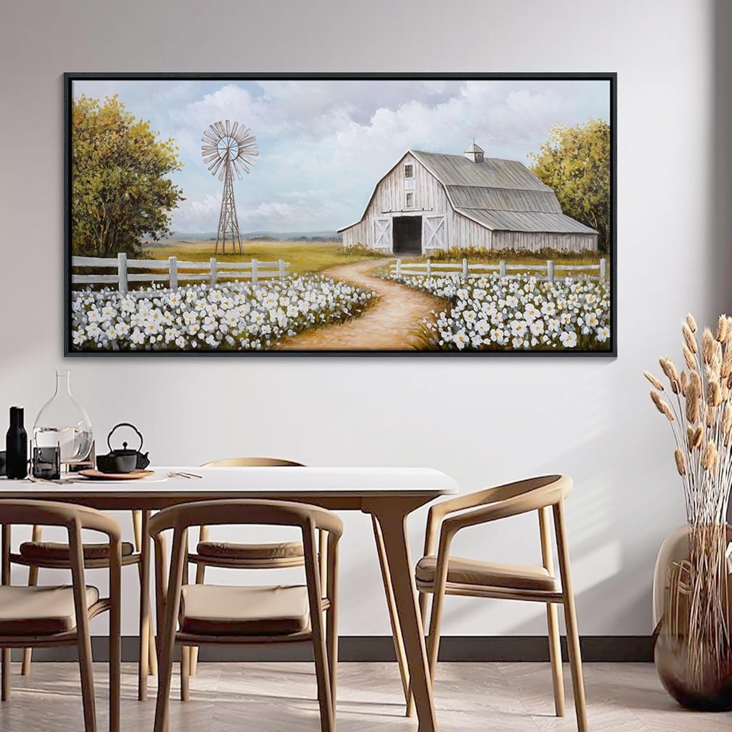 Large Retro Landscape Canvas - Wildflower Meadow with Windmill & Barn, 29x58in